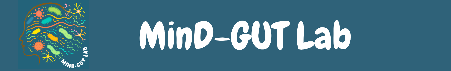 Mind‑Gut Lab banner with a head silhouette filled with colorful microbes and the text ‘Mind‑Gut Lab’.